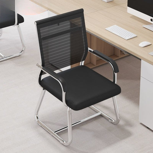 Mesh bow-shaped office chair, ergonomic staff computer chair with fixed armrests, no wheels, suitable for employee training and conference use - image 1