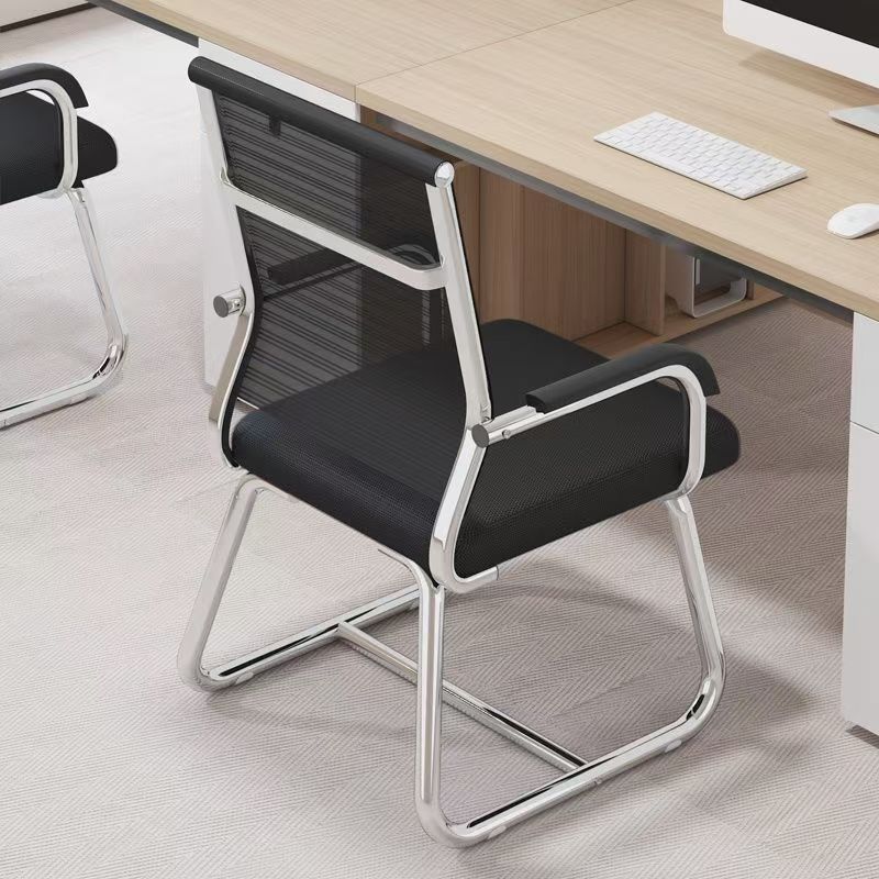 Mesh bow-shaped office chair, ergonomic staff computer chair with fixed armrests, no wheels, suitable for employee training and conference use - image 2