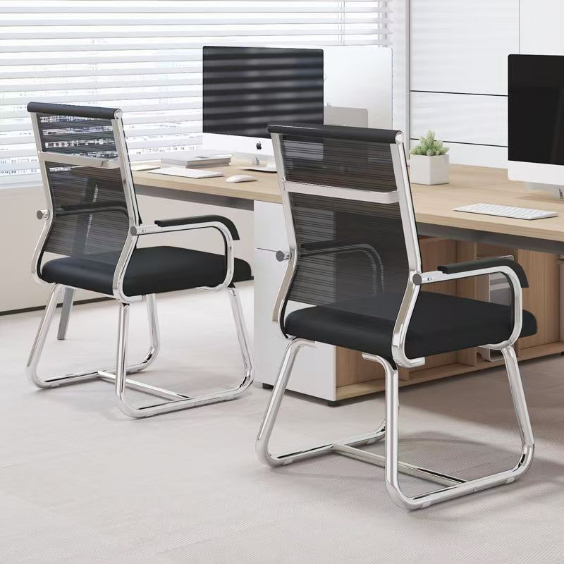 Mesh bow-shaped office chair, ergonomic staff computer chair with fixed armrests, no wheels, suitable for employee training and conference use - image 3