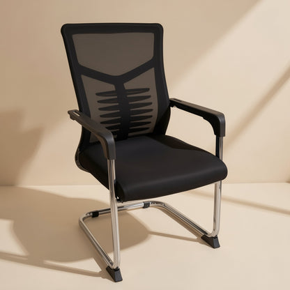 Arcseat curved office chair with metal framework, armrests, and backrest