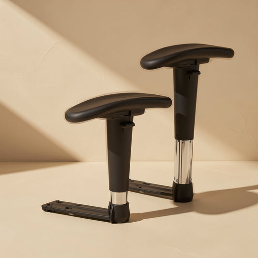 Pair of office chair armrests, described in plastic and long PU styles