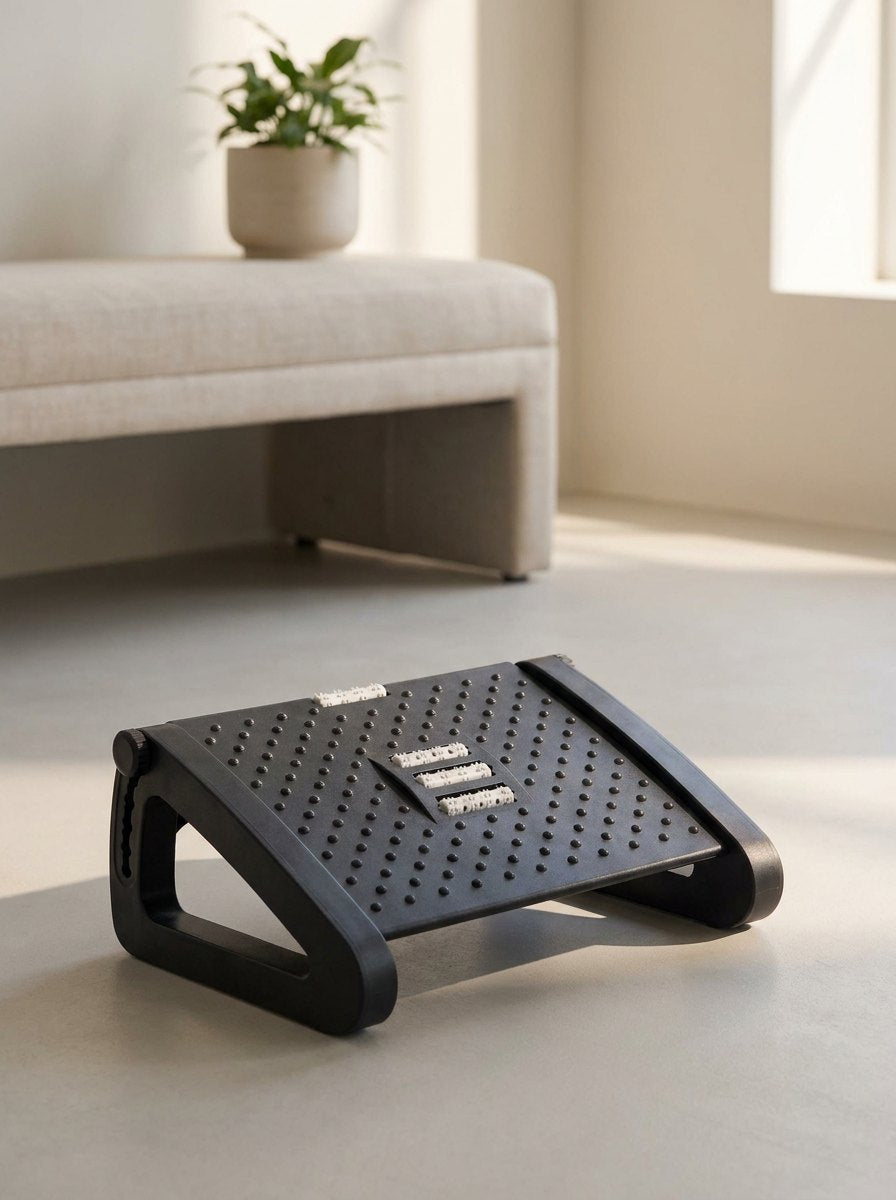 Adjustable plastic footrest stool on a stone-grey floor in a sunlit loft