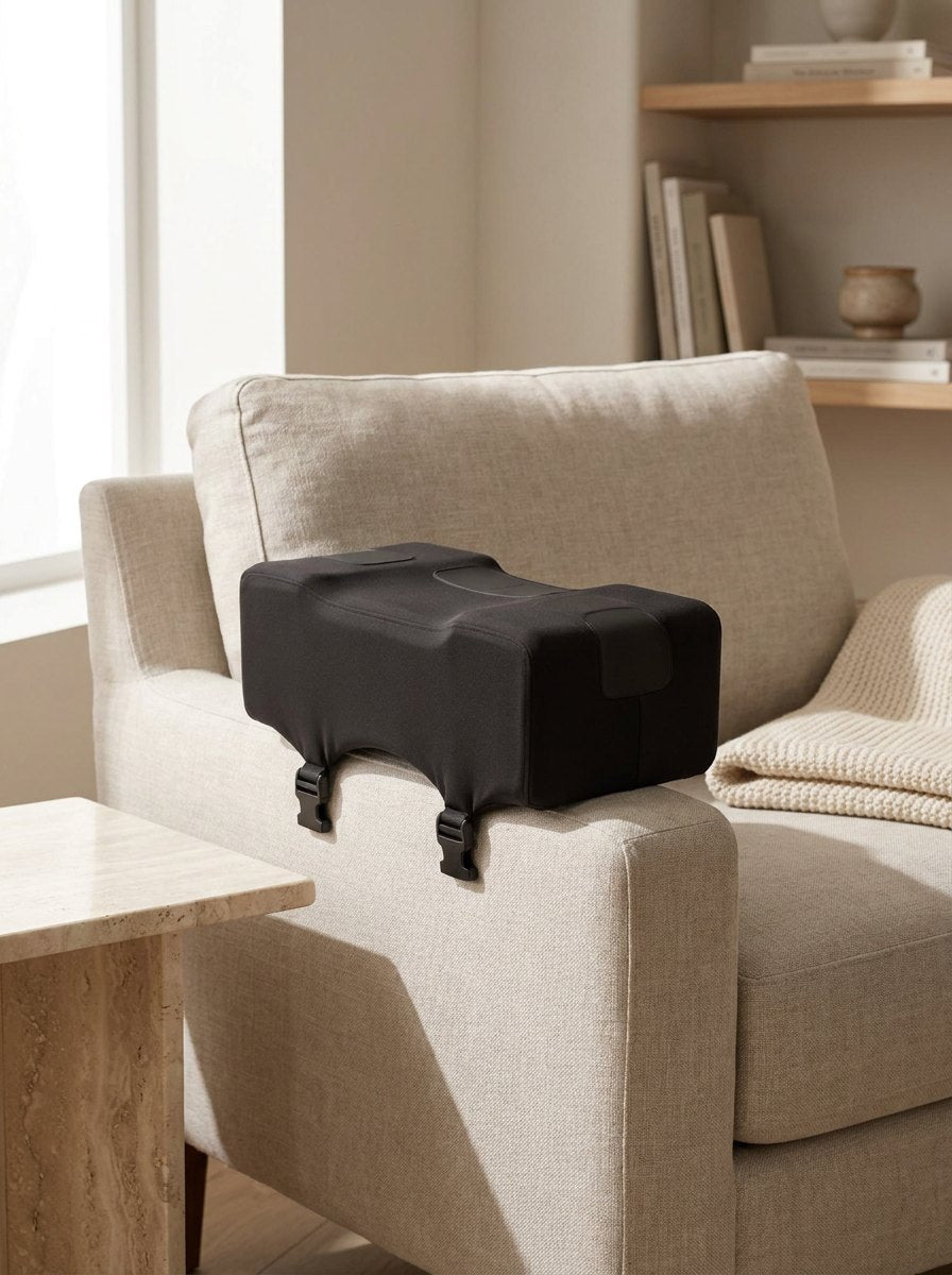 Memory-foam armrest pad on the arm of a light linen armchair in a sitting room