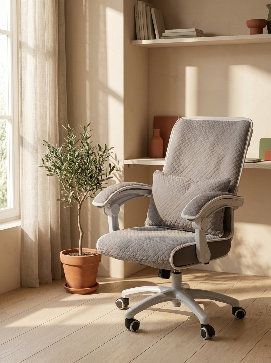 Quilted office chair cover fitted to a neutral chair in a sunlit writing alcove