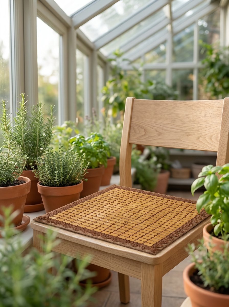 Bamboo seat cushion on a pale oak chair in a bright conservatory