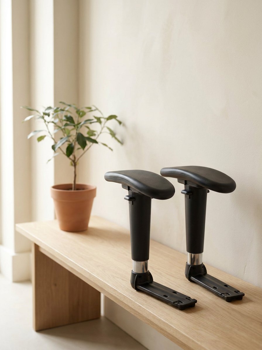Pair of padded office chair armrests on a pale oak bench in a bright hallway