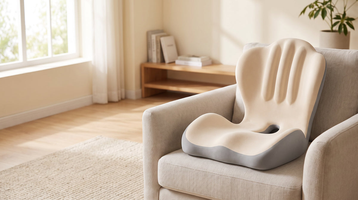 Memory-foam backrest cushion on a light fabric chair in a living room