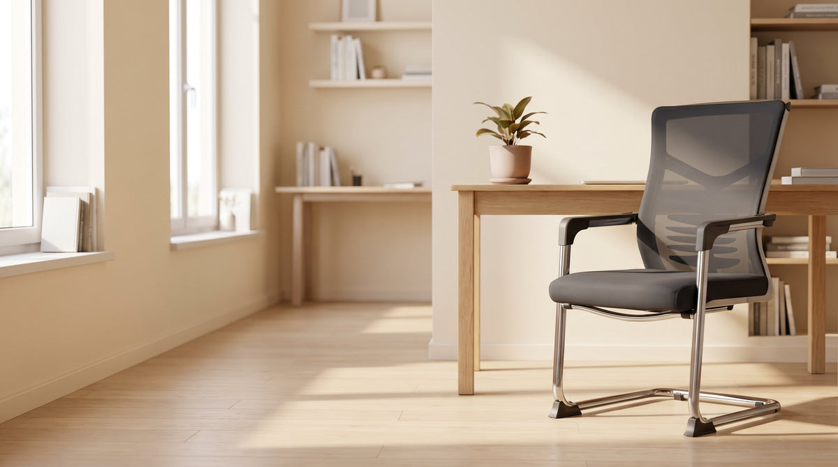 Curved metal-frame office chair in a warm, sunlit home office