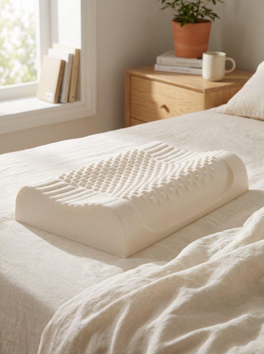 Wavy natural-latex cervical pillow on cream linen bedding