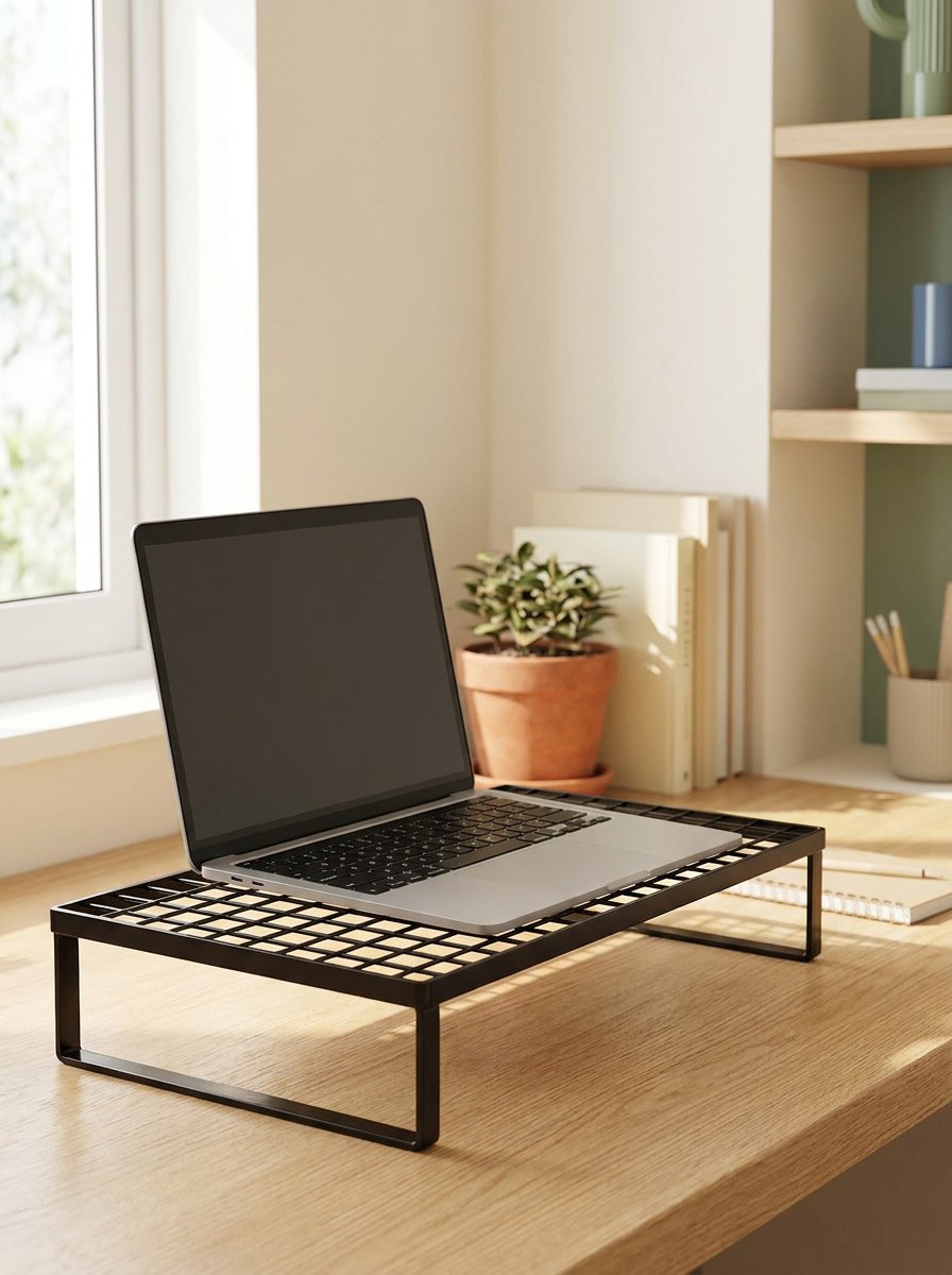 Black steel laptop stand holding an unbranded laptop on a pale-wood desk