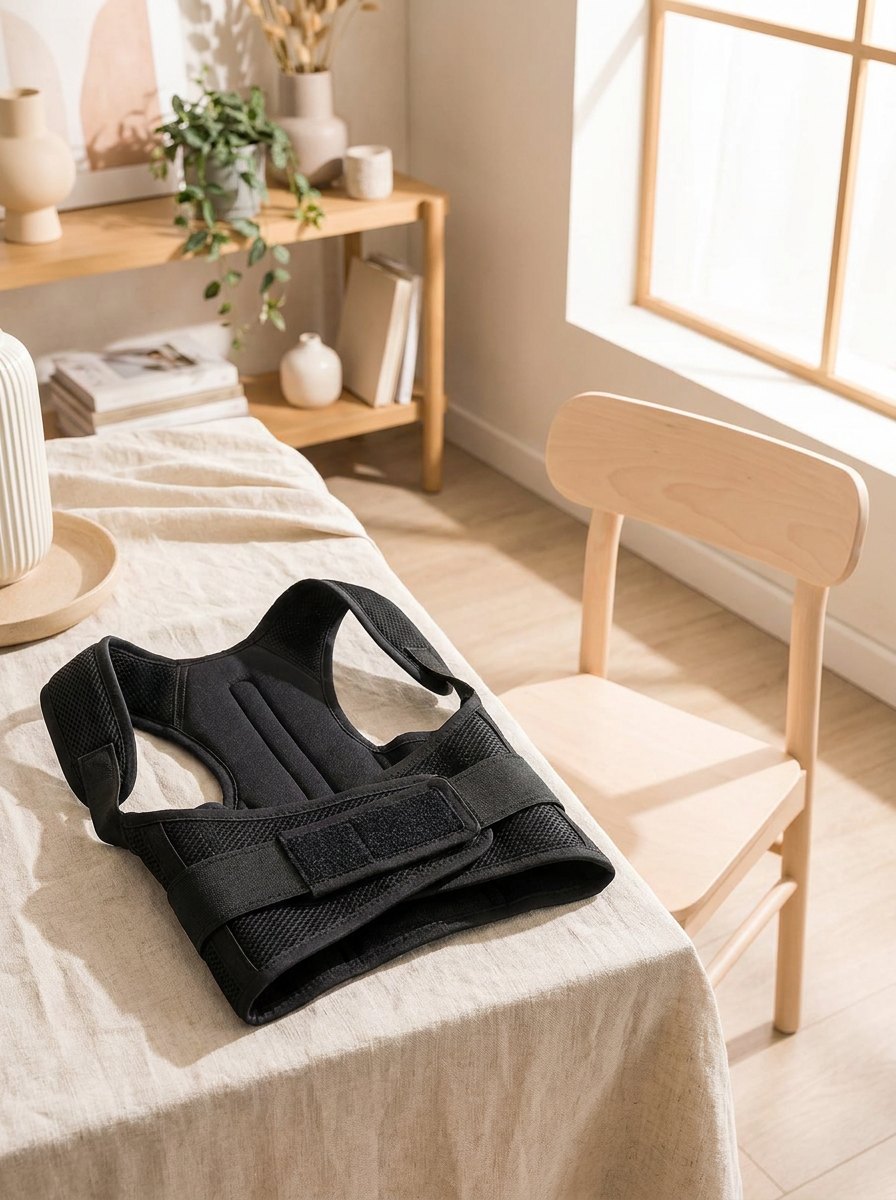 Mesh posture corrector belt arranged on cream linen beside a wooden chair