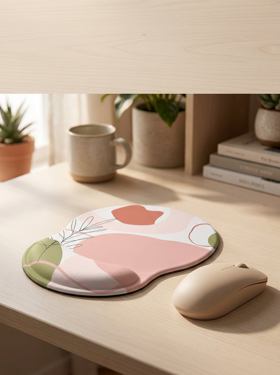 Patterned silicone wrist-rest mouse pad on a pale-wood desk