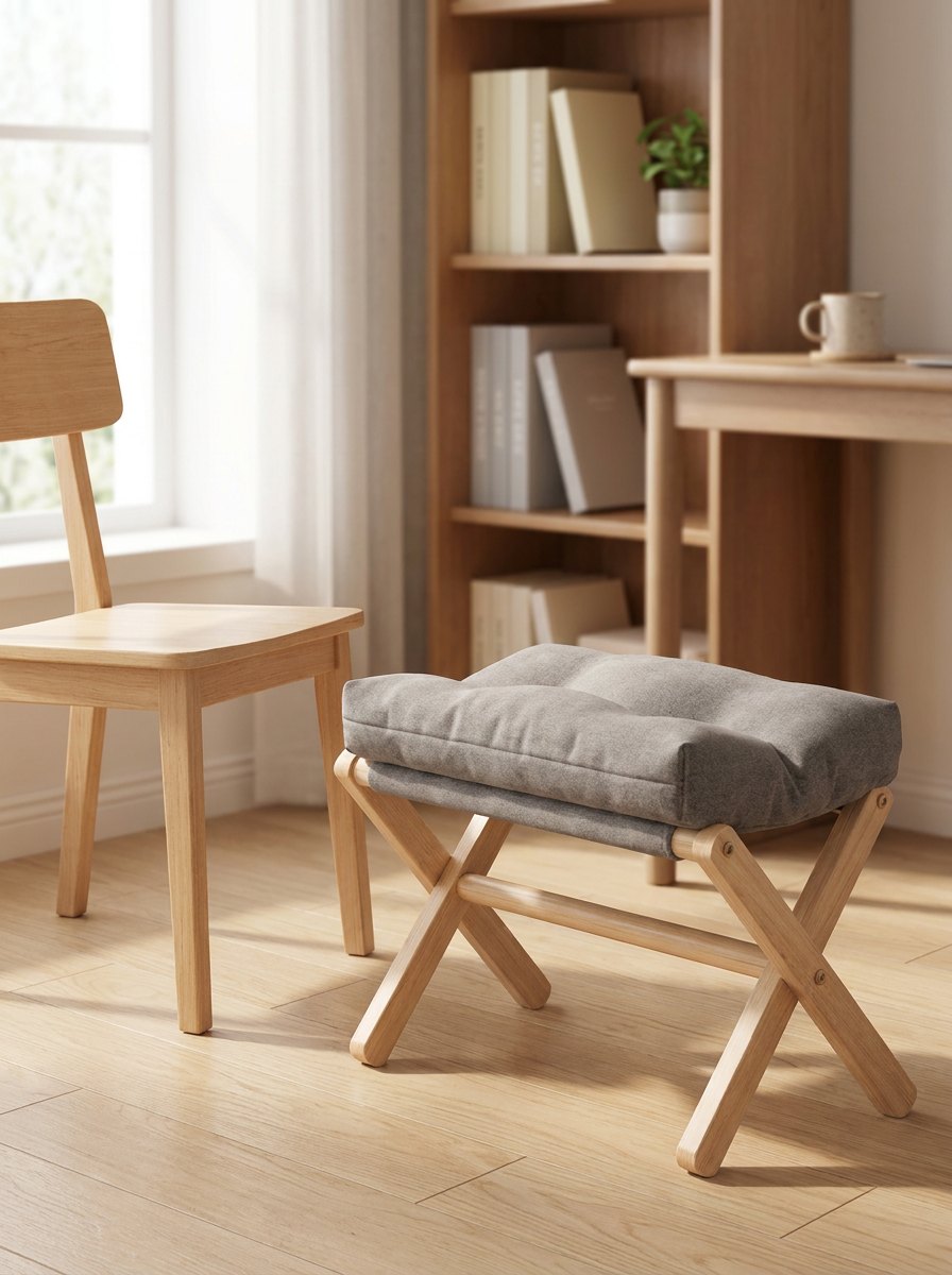 Solid-wood folding footrest beside a simple chair in a study
