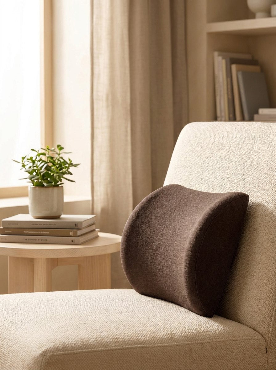 Crescent lumbar support pillow resting on a neutral armchair