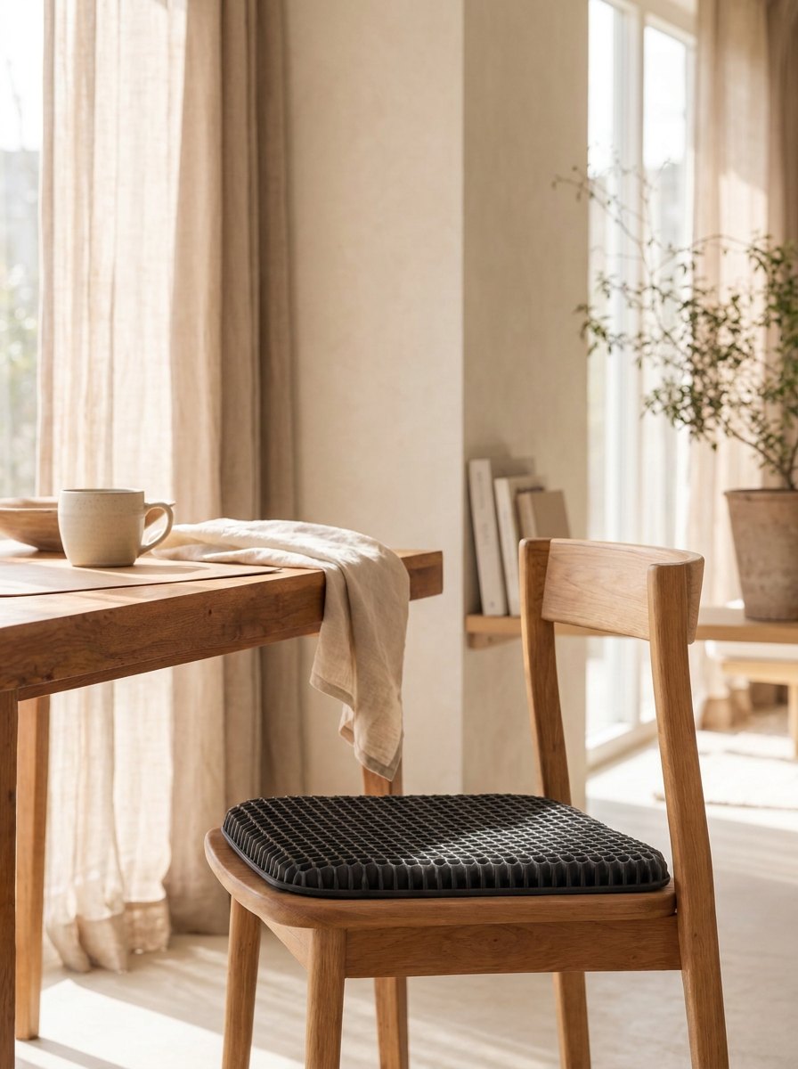 Lattice seat cushion placed on a light chair in a quiet room